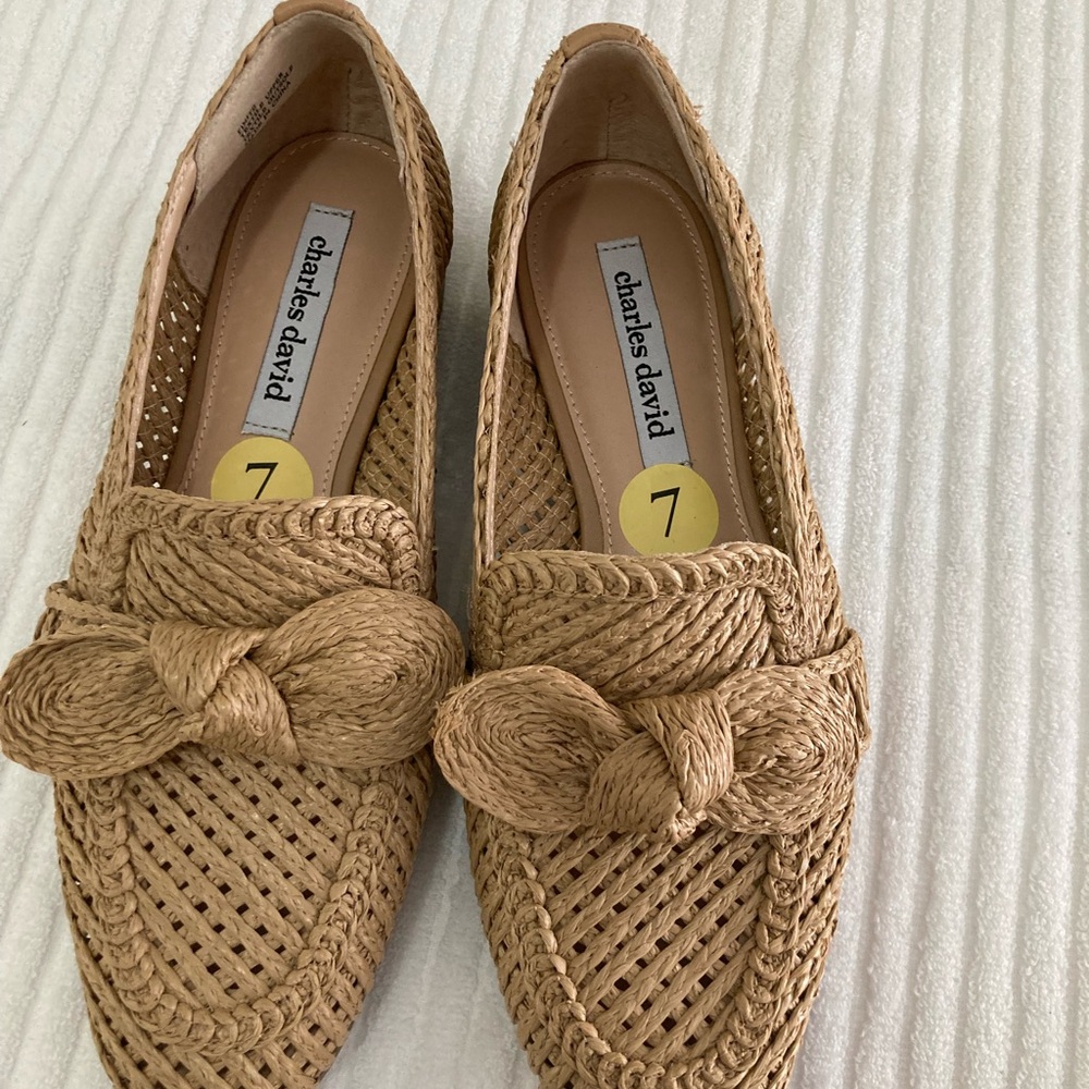 Charles David Tan Woven Flats with Bow Detail